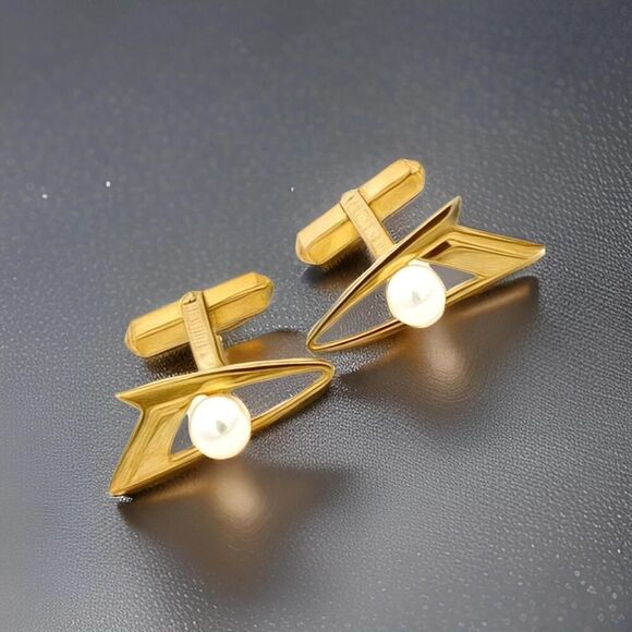Mikimoto Estate Akoya Pearl Cufflinks Overlay 14k Gold 6 mm M419 - Picture 1 of 11